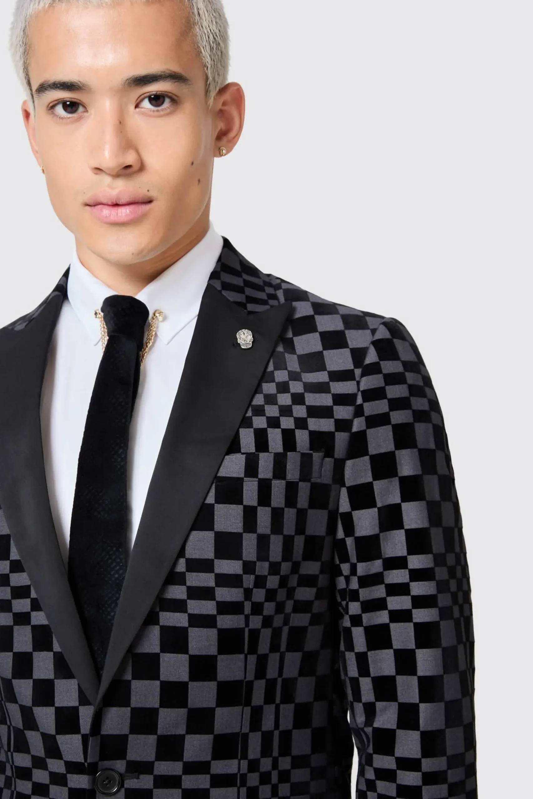 Tiber Skinny Fit Grey Check Tuxedo Jacket