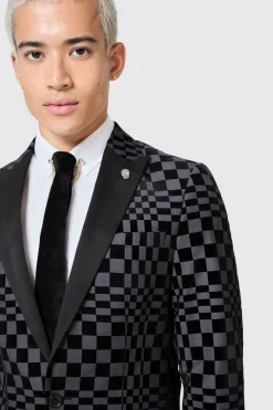 Tiber Skinny Fit Grey Check Tuxedo Suit