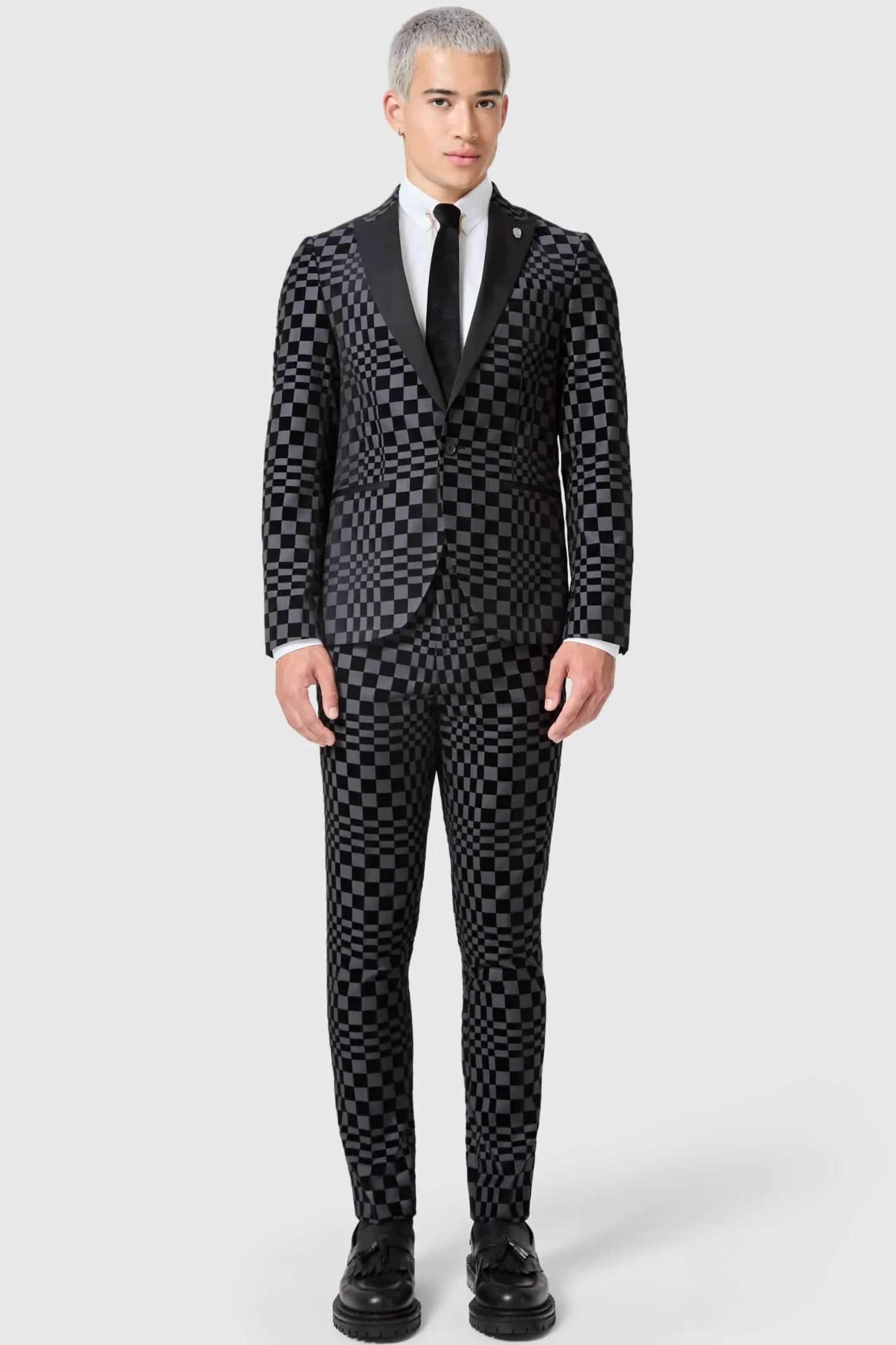 Tiber Skinny Fit Grey Check Tuxedo Jacket