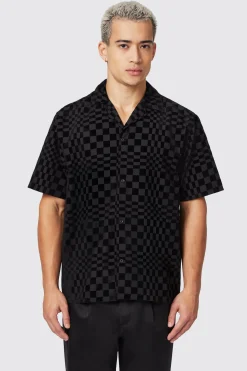 Tiber Slim Fit Black Check Short Sleeve Shirt