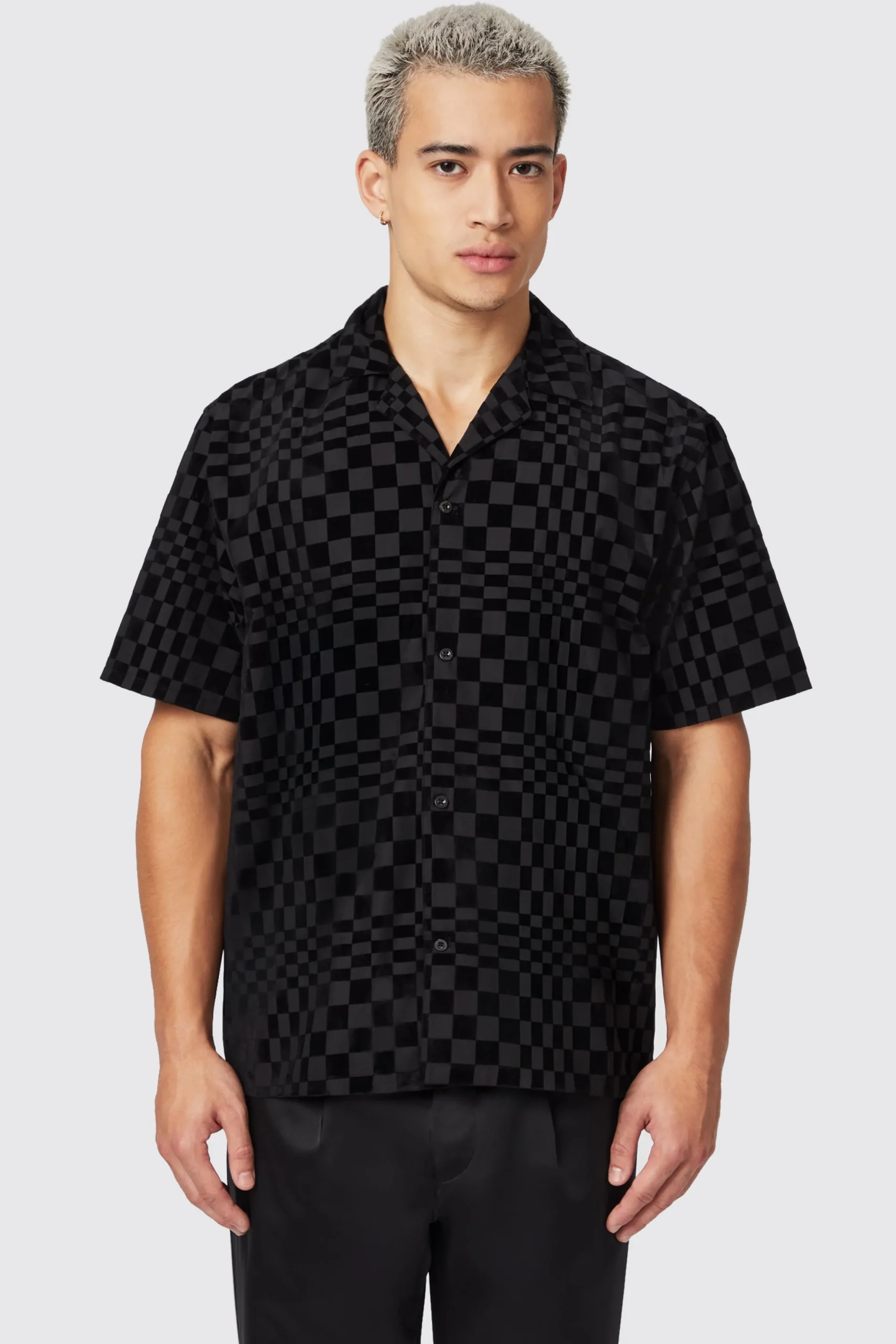 Tiber Slim Fit Black Check Short Sleeve Shirt