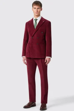 Waugh Slim Fit Burgundy Corduroy Double Breasted Jacket