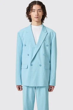 Zidan Oversized Blue Jacquard Double Breasted Jacket