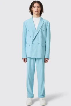 Zidan Oversized Blue Jacquard Double Breasted Jacket